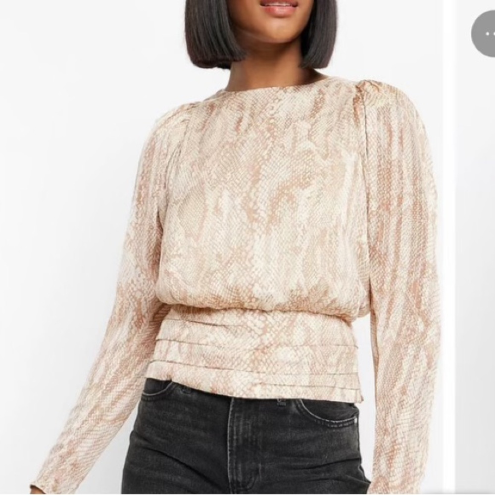 Express Snakeskin print smocked cuff long sleeve top, size small